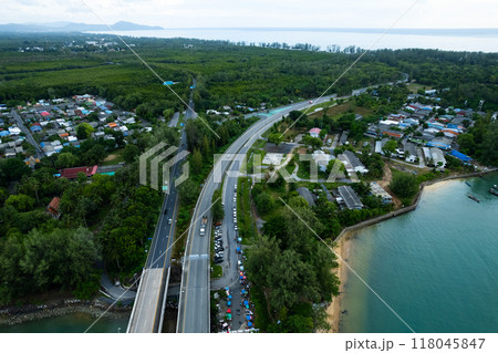 Aerial view of Sarasin bridge road transportation background concept The bridge is a between Phang Nga and Phuket island Thailand The bridge is the most important in making business and transportation Aerial view of Sarasin bridge road transportation background concept The bridge is a between Phang Nga and Phuket island Thailand The bridge is the most important in making business and transportation 118045847