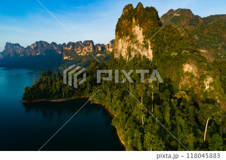 Aerial view Tropical Rainforest trees mountains with reflection on the water Aerial view Tropical Rainforest trees mountains with reflection on the water 118045883