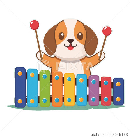 おもちゃの木琴を演奏するビーグル3／チラシやポスター用素材 118046178