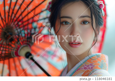 着物を着た女性と和傘の背景1　AI生成画像 118046181