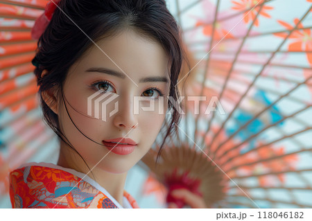 着物を着た女性と和傘の背景2　AI生成画像 118046182