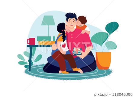 Son and daughter kiss their happy father's cheeks from both sides 118046390