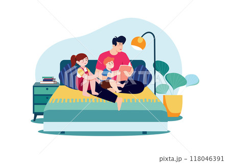 Daddy and kids sitting together with storybooks 118046391