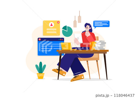 Woman working on a tablet while drinking coffee 118046437