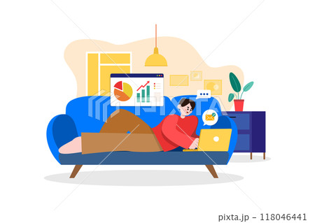 Man Laying on the couch and doing work on a laptop 118046441