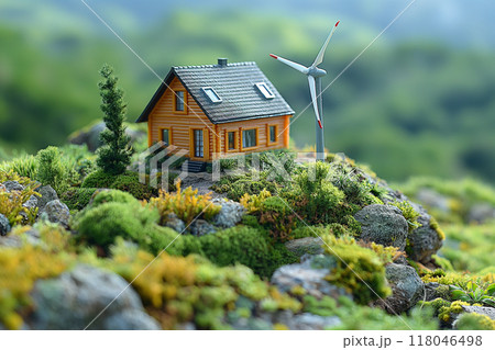 風力発電と家のミニチュア　エコロジー13　AI生成画像 118046498