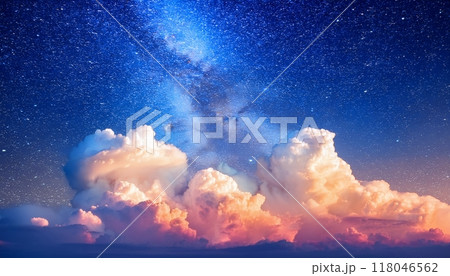 背景素材：パステルカラーの雲と星々が広がる幻想的な宇宙の空 118046562