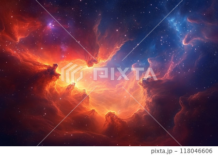 背景画像：鮮やかなネビュラの爆発 宇宙のエネルギーと色彩の爆発  118046606