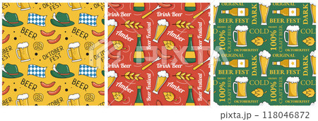 Festive Oktoberfest Seamless Pattern Design with Beer, Sausages and Pretzels Flat Cartoon Illustration Festive Oktoberfest Seamless Pattern Design with Beer, Sausages and Pretzels Flat Cartoon Illustration 118046872