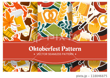 Festive Oktoberfest Seamless Pattern Design with Beer, Sausages and Pretzels Flat Cartoon Illustration Festive Oktoberfest Seamless Pattern Design with Beer, Sausages and Pretzels Flat Cartoon Illustration 118046875