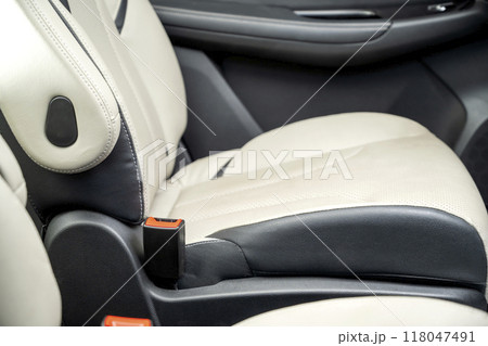 The back of a car seat is shown with a red button on the side The back of a car seat is shown with a red button on the side 118047491