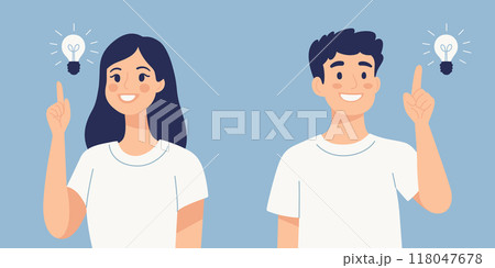 Man and Woman with Lightbulb Idea Sign. Great Idea Concept. Characters with Lightbulb Overhead. Young Smiling People Having a Good Idea. Flat Cartoon Vector Illustration 118047678