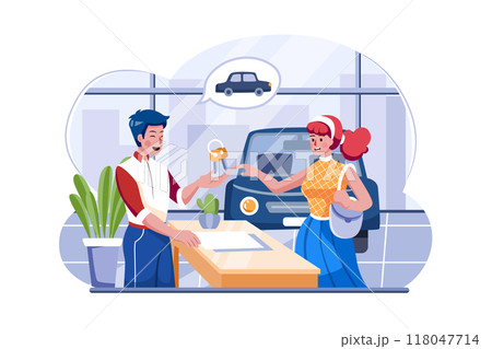 Showroom manager giving new car key to the buyer 118047714
