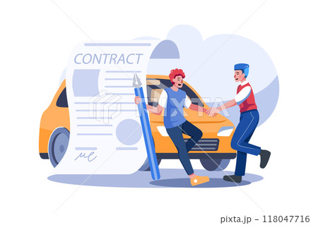 Man and car showroom manager signing contract Man and car showroom manager signing contract 118047716