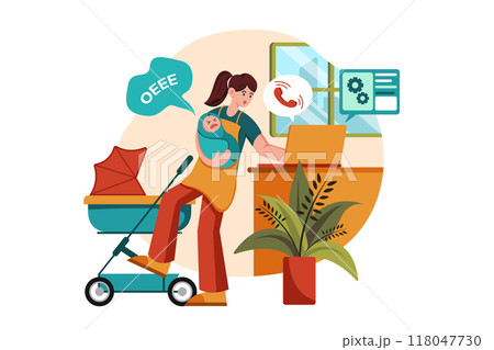 Working from home with handling baby Working from home with handling baby 118047730