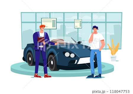 Salesperson showing the vehicle to a potential customer in the dealership 118047753