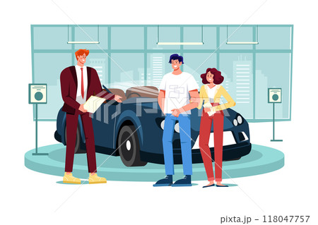 Salesman talking to a young couple at the dealership showroom. 118047757