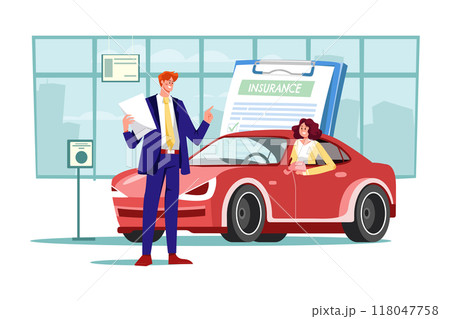 Beautiful young woman in a red car is talking to a car insurance salesman Beautiful young woman in a red car is talking to a car insurance salesman 118047758