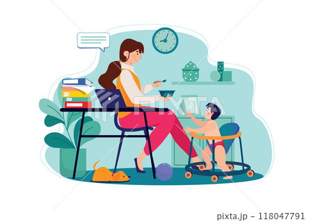 Working from home with handling baby Working from home with handling baby 118047791