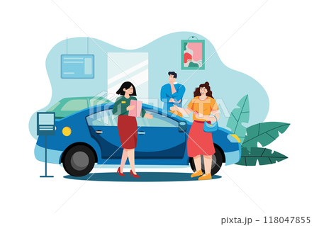 Salesperson showing the vehicle to a potential customer in the dealership 118047855