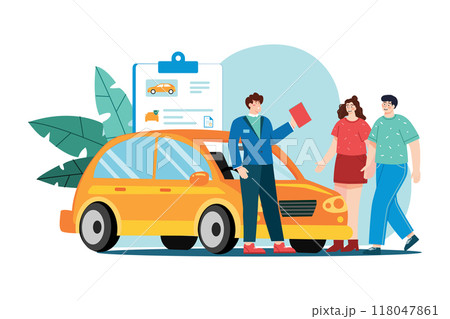 Car showroom manager giving detail about the car to a couple Car showroom manager giving detail about the car to a couple 118047861