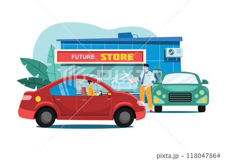 Female customer taking test ride of new car 118047864