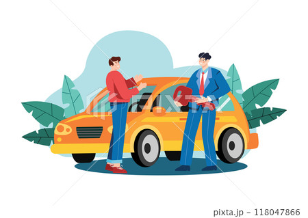 Showroom manager giving new car key to the buyer 118047866