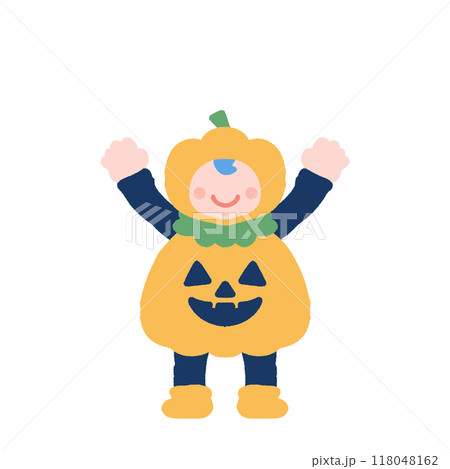 ハロウィンの仮装[ジャック・オ・ランタン]をする赤ちゃんのフラットなイラスト 118048162