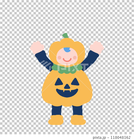 ハロウィンの仮装[ジャック・オ・ランタン]をする赤ちゃんのフラットなイラスト 118048162