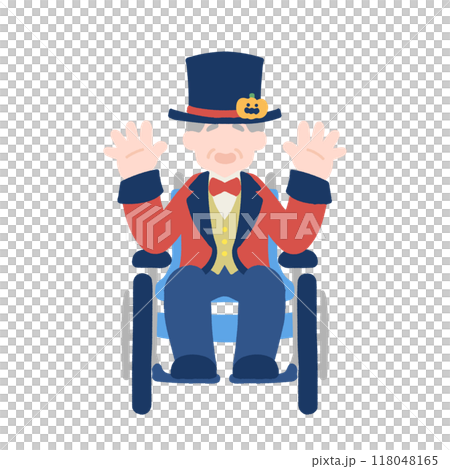 ハロウィンの仮装をする車いすのシニア男性のフラットなイラスト 118048165