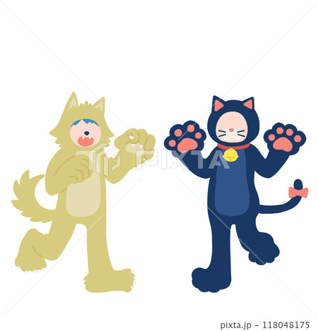 ハロウィンの仮装[狼男・黒猫]をする男の子と女の子のフラットなイラスト 118048175