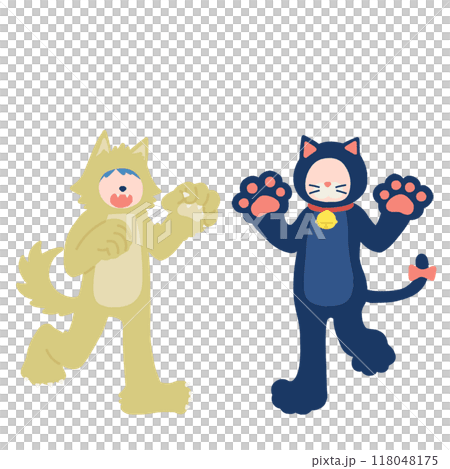 Flat illustration of a boy and girl dressed up for Halloween [werewolf and black cat] 118048175