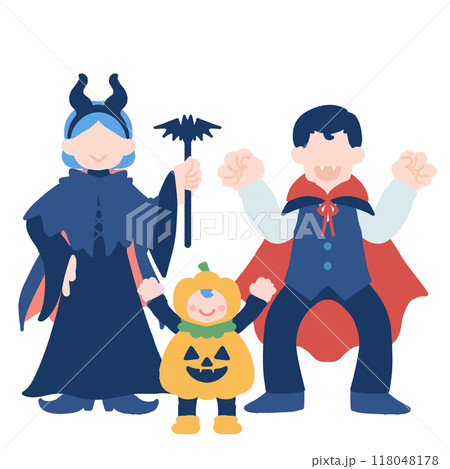 ハロウィンの仮装[吸血鬼・悪魔・ジャック・オ・ランタン]をする親子のフラットなイラスト 118048178