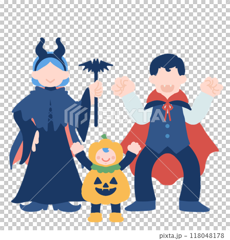 ハロウィンの仮装[吸血鬼・悪魔・ジャック・オ・ランタン]をする親子のフラットなイラスト 118048178