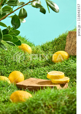 On blue background and green grass, fresh lemons and lemons slices decorated with wooden podium and branches leaves. Creative advertising scene with natural concept 118048357