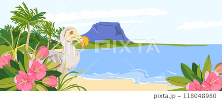 View from the beach to the panorama of Mauritius island and Le Morne Brabant mountain. Dodo endemic extinct bird, flowers of Mauritius trochetia boutoniana. Vector landmarks in flat style. Paradise. 118048980