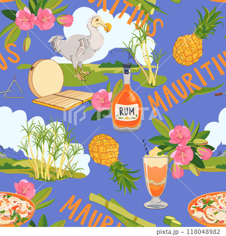 Seamless pattern with Mauritius landmarks in flat style. Vector sugar cane, Mount Peter, Dodo bird, Trochezia budoniana flowers, pineapple, falooda, millionaire salad, Sega music instruments Seamless pattern with Mauritius landmarks in flat style. Vector sugar cane, Mount Peter, Dodo bird, Trochezia budoniana flowers, pineapple, falooda, millionaire salad, Sega music instruments 118048982