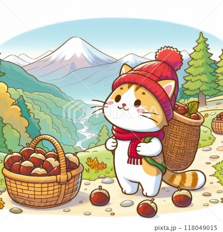 山で栗拾いをする可愛い猫のイラスト 山で栗拾いをする可愛い猫のイラスト 118049015