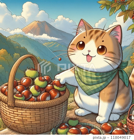 山で栗拾いをする可愛い猫のイラスト 山で栗拾いをする可愛い猫のイラスト 118049017