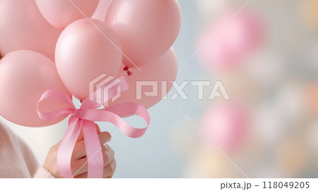 Breast Cancer Survivors Celebrating with Pink Balloons in Nature 118049205