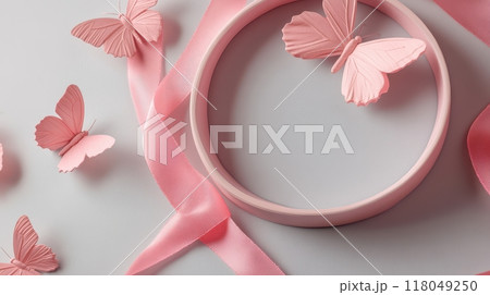 Delicate Pink Ribbons and Butterflies Forming a Decorative Frame 118049250