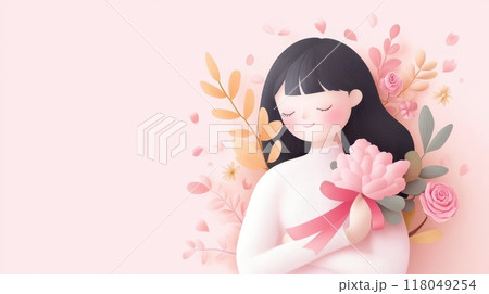 Cheerful Woman Embracing Floral Arrangement in Awareness Campaign 118049254