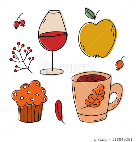 Autumn Delights Enjoying Wine, Fresh Apples, Delicious Cupcakes, and a Cozy Beverage 118049281