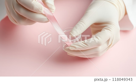 Scientist Analyzing DNA Sample with Protective Gloves in Laboratory, Symbolizing Breast Cancer Awareness Scientist Analyzing DNA Sample with Protective Gloves in Laboratory, Symbolizing Breast Cancer Awareness 118049343