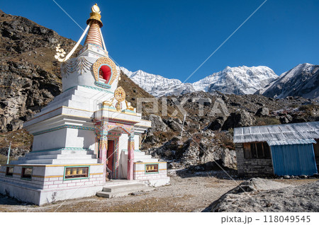 Large stupa on the way to Kyangjin Kharka village in Langtang National park in Nepal. Large stupa on the way to Kyangjin Kharka village in Langtang National park in Nepal. 118049545