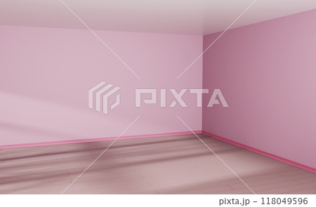 3d empty room corner with sunlight. Realistic render of house interior perspective with pink painted wall, wooden floor and white ceiling. Girl bedroom, modern studio or office mockup. 3D illustration 3d empty room corner with sunlight. Realistic render of house interior perspective with pink painted wall, wooden floor and white ceiling. Girl bedroom, modern studio or office mockup. 3D illustration 118049596
