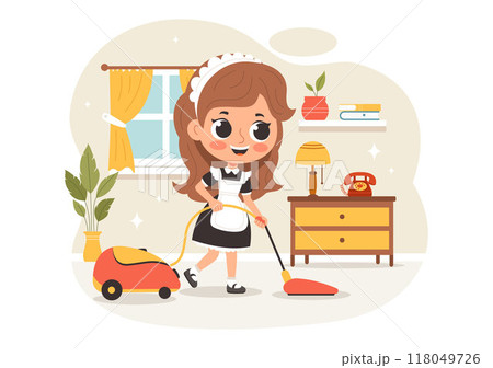 Professional Maid Vector Illustration of a Girl Cleaning Service Worker Wearing a Uniform and Apron While Cleaning a House in a Cartoon Background 118049726