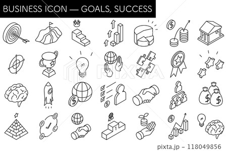ターゲット・目標達成・ゴールのビジネスアイコンセット、アイソメトリックイラスト 118049856