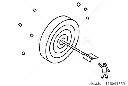 ビジネスのゴールイメージ、人が的を射るシンプルな線画イラスト、アイソメトリック 118049886