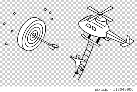 ビジネスのゴールイメージ、ヘリコプターの縄梯子につかまって的を射る男性、シンプルな線画イラスト、アイ ビジネスのゴールイメージ、ヘリコプターの縄梯子につかまって的を射る男性、シンプルな線画イラスト、アイ 118049900